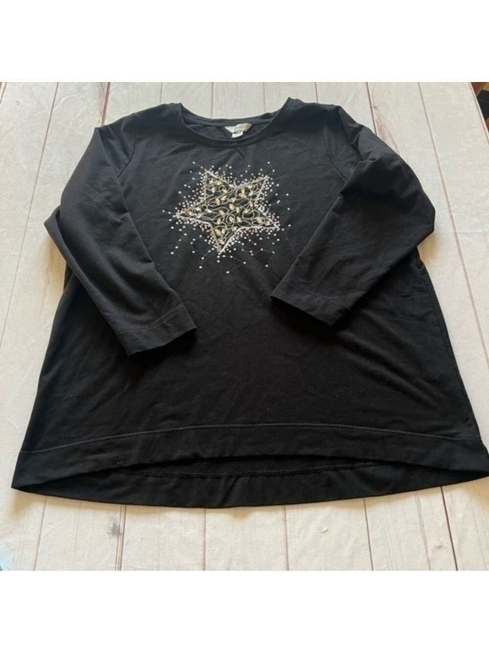 CJ Banks Women’s Black Fleece PulloverSweatshirt size 2X Star sequin Top Holiday